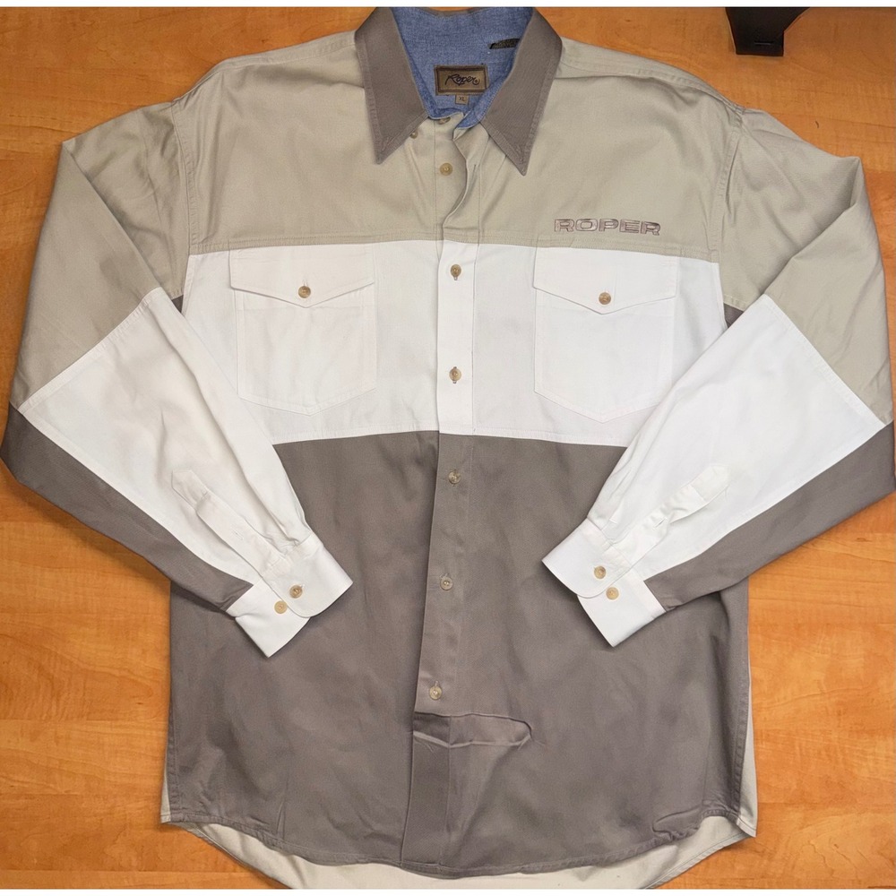 Roper Mens XL Western Button Down Shirt Color Block Long Sleeve Cotton Khaki